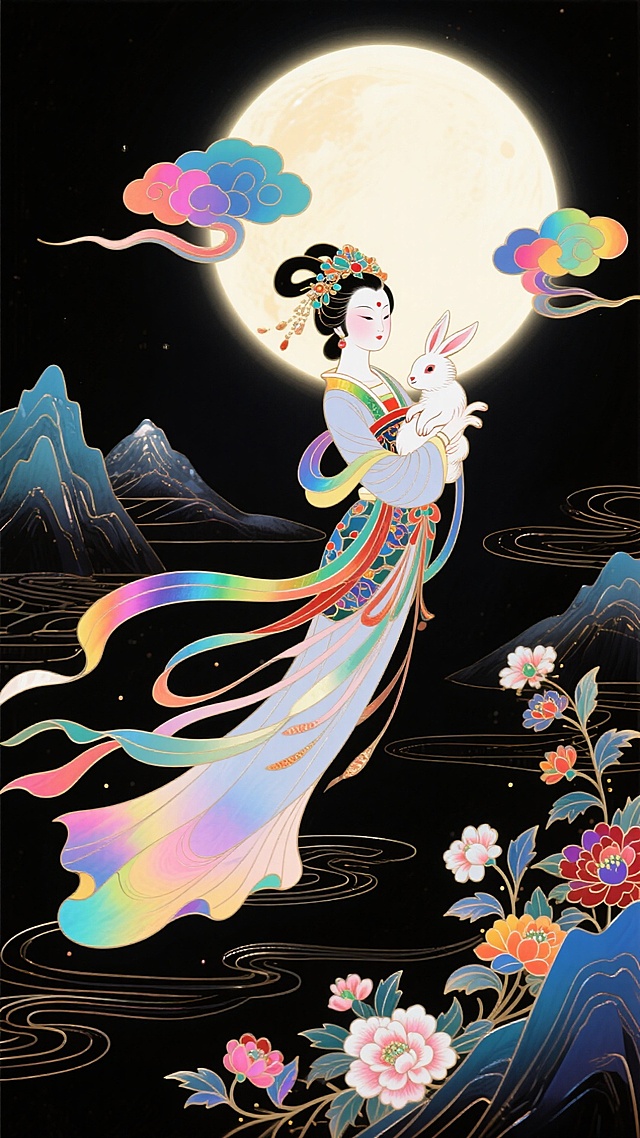 梦幻唯美的国潮插画风，工笔细腻勾勒嫦娥怀抱玉兔，彩带飘逸，鎏金线条点缀山川云纹，中式古典与民族美学交融，月华映照，尽显中秋浪漫。