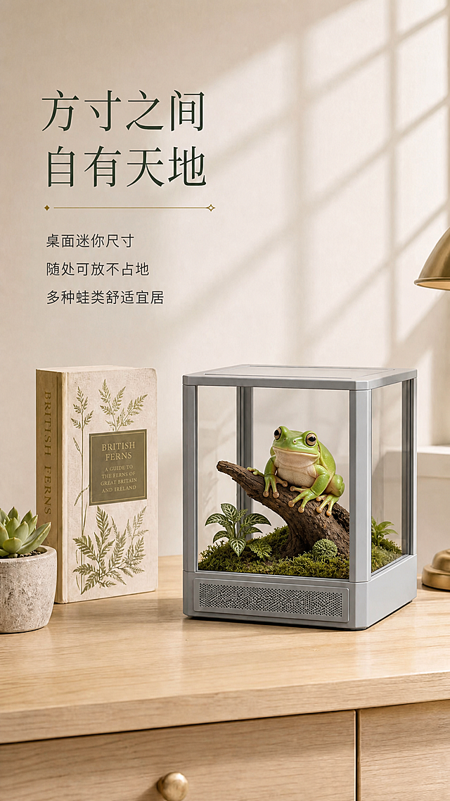 将饲养箱内部的绿色螳螂和树枝造景替换为老爷树蛙造景：箱内保留苔藓和小型绿植作为基底，枯木上趴着一只肥硕可爱的老爷树蛙，体色为鲜亮的翠绿色，体型圆润饱满，嘴角上扬呈微笑状，脚趾张开抓在树枝上，状态自然健康。饲养箱灰色外观、玻璃结构、底部通风网全部保持不变。同时修改文字：左侧第三行“七种螳螂全龄适配”改为“多种蛙类舒适宜居”。主标题“方寸之间 自有天地”和前两行副标题“桌面迷你尺寸 随处可放不占地”保留不变。背景的浅色墙面、窗格光影、左侧书籍、多肉盆栽、右侧金色台灯、木质桌面等整体清新日式简约风格和色调完全保持一致。