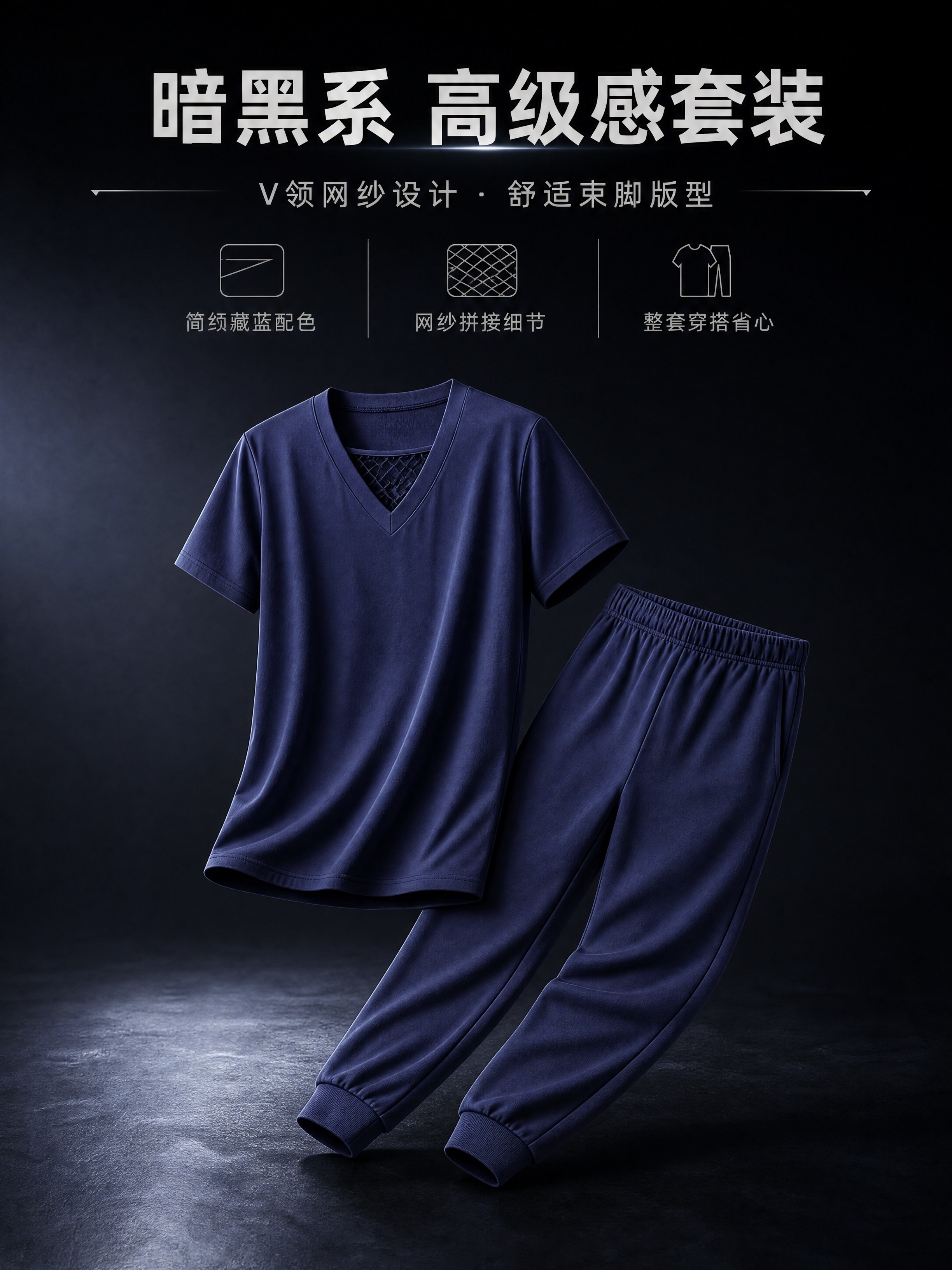 [商品] 使用【图1】藏蓝色束脚休闲长裤和【图2】藏蓝色V领短… - 图片创意预览