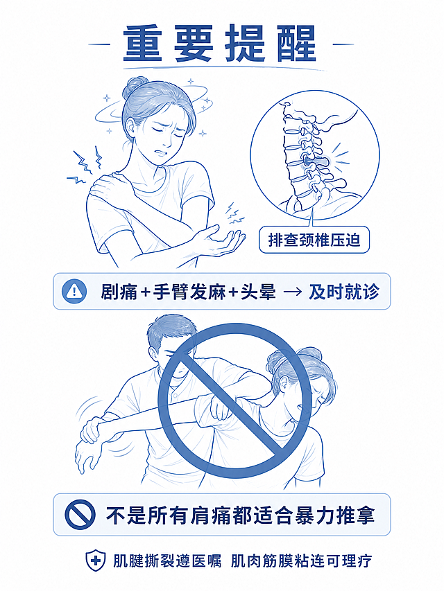 医疗科普插画，浅蓝色线稿风格，白色背景。标题"重要提醒"。画面上方画一个肩膀剧痛同时手发麻、头晕的人物，旁边有颈椎示意图标注"排查颈椎压迫"，配文"剧痛+手臂发麻+头晕→及时就诊"。画面下方画一个禁止符号覆盖在暴力推拿甩肩的动作上，配文"不是所有肩痛都适合暴力推拿"。底部小字"肌腱撕裂遵医嘱 肌肉筋膜粘连可理疗"。整体专业严肃，医学科普感，小红书竖版3:4比例