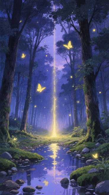夜晚的森林场景，动漫风格插画，深邃的蓝紫色调为主，点缀着萤火虫和发光蝴蝶的暖黄色光芒，光线从树木间隙洒落形成光柱，地面有积水倒映着天空和光点，茂密的树木分布在画面两侧，中间是布满苔藓和小石子的潮湿地面，整体氛围静谧而梦幻，细节丰富的水彩质感，柔和的光影过渡，纵深感强的构图，营造出神秘而宁静的自然意境。预览效果