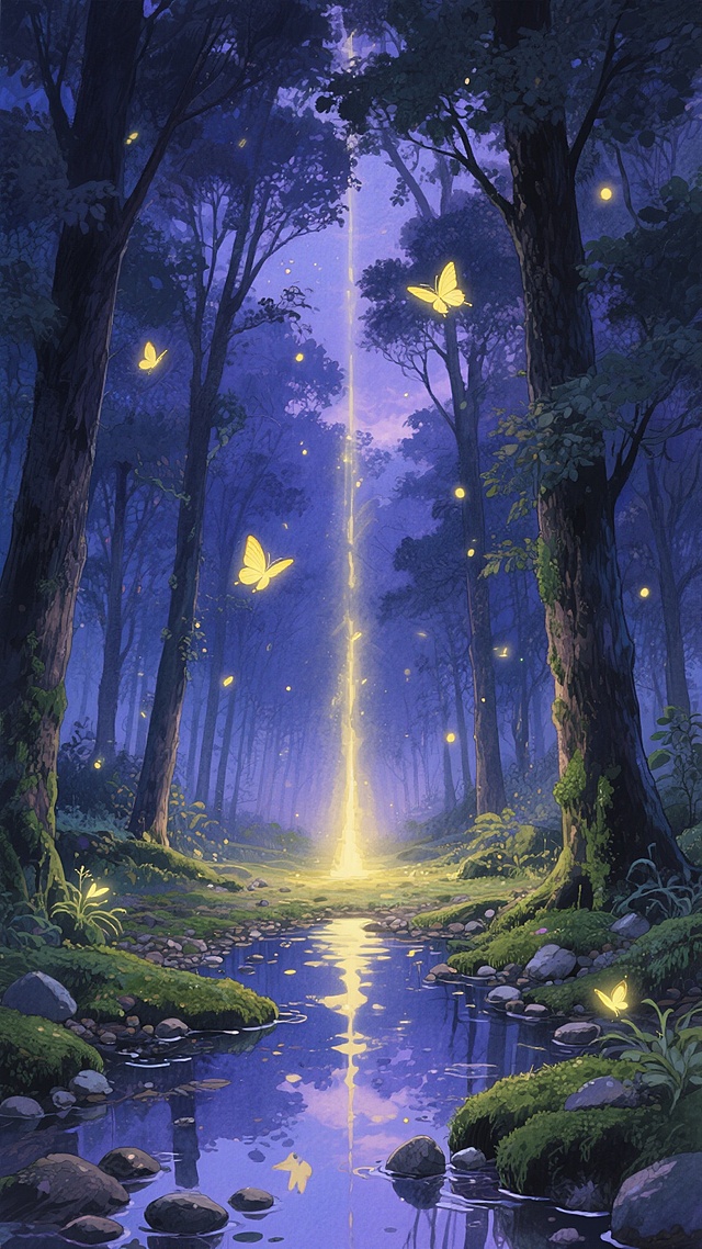 夜晚的森林场景，动漫风格插画，深邃的蓝紫色调为主，点缀着萤火虫和发光蝴蝶的暖黄色光芒，光线从树木间隙洒落形成光柱，地面有积水倒映着天空和光点，茂密的树木分布在画面两侧，中间是布满苔藓和小石子的潮湿地面，整体氛围静谧而梦幻，细节丰富的水彩质感，柔和的光影过渡，纵深感强的构图，营造出神秘而宁静的自然意境。