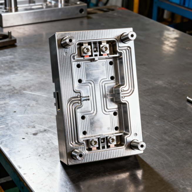 保险丝盒壳体注塑模具的实物正面图，金属钢材质，表面有加工纹路，清晰展示模腔、流道、顶针孔、保险丝卡槽成型型芯、接线位成型结构等细节，放置在工厂工作台面上，光线明亮，细节锐利，能看清所有模具结构特征预览效果