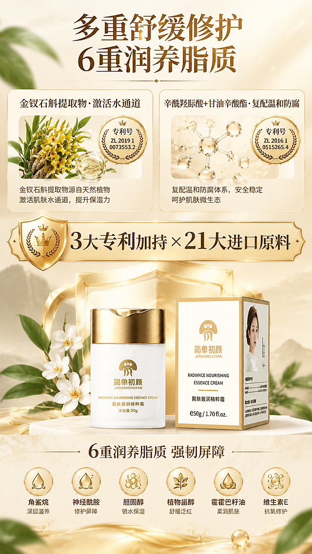[商品] 本页为科研背书专页，画面下方居中展示【图1】精粹霜瓶身+包装盒小尺寸产品图；保留瓶身和包装盒的Logo、文字、品牌标识，清晰可辨。
[画面] 第3张·舒缓修护+专利背书页：目标是建立专业信任，突出3大专利与进口原料实力。上半部分左右分栏展示2大核心专利成分，左侧金钗石斛提取物配植物原料图形+专利号徽章，右侧辛酰羟肟酸+甘油辛酸酯配分子结构+专利号徽章；中部横条突出"3大专利加持 · 21大进口原料"大字号信任状；下方产品图+6重润养脂质小图标阵列。背景为浅米色渐变，点缀金色徽章、盾牌图形、植物叶片元素，营造权威科研感。前中后景：前景金色徽章立体浮雕、中景成分与专利信息卡、背景浅金渐变+植物纹理虚化，共3层以上。
[视觉] 套系策略：风格=高级轻奢美妆商业摄影，白金调性，柔光质感；标题字=现代简约衬线粗体，优雅大气；正文字=简洁无衬线体，清晰易读；主色=米白+香槟金；背景延展=基于米白香槟金做深浅渐变、同色系层次、细腻磨砂/大理石/丝绸质感；强调色=璀璨金，仅用于小面积图标、引线、标签和高光点缀；标题色=深棕金；正文色=暖灰棕；组件=圆角浅金信息卡、细金线引线、圆形金边icon；光影=左前侧45度暖柔光，柔和阴影，产品边缘有金色轮廓光。
[文字] 顶部主标题"多重舒缓修护 6重润养脂质"；左栏"金钗石斛提取物·激活水通道"配专利号ZL 2019 1 0073553.2 / ZL 2020 1 0441795.5；右栏"辛酰羟肟酸+甘油辛酸酯·复配温和防腐"配专利号ZL 2016 1 0515265.4；中部大字号"3大专利加持 × 21大进口原料"；下方6个脂质小图标+"6重润养脂质 强韧屏障"。文字全部横排。
[规格] 图片比例9:16竖版，4K，负向提示：避免变形、错字、文字过小、冷蓝/蓝灰背景、虚假医疗承诺、专利号写错、文字竖排或斜排。