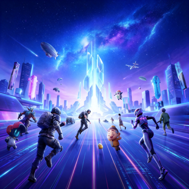 参考上传图片的赛博科幻风格，蓝紫渐变星空背景，城市科幻建筑，发光速度线条，融入多种不同游戏角色，正方形构图，无任何文字，4K高清画质，保持原有氛围质感预览效果