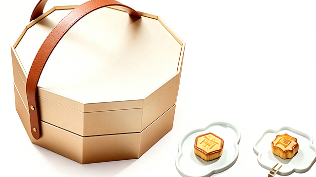 修复八角形礼盒盒盖细节，极致突出材质质感，清晰展现提手皮革纹理，突出提手上金属铆钉的质感与做工，光线干净明亮，产品完美无瑕，清除所有多余元素、使用痕迹、褶皱与瑕疵，让产品看起来崭新有型，达到商业级画质，细节分明，主体突出，符合高级电商主图标准，4k分辨率