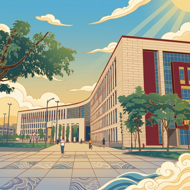 参考第一张图片的国潮插画风格，重新绘制这处弧形图书馆建筑，保持建筑结构和场景不变，使用扁平国风国潮插画配色和线条风格预览效果