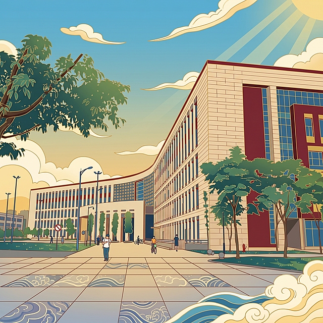 参考第一张图片的国潮插画风格，重新绘制这处弧形图书馆建筑，保持建筑结构和场景不变，使用扁平国风国潮插画配色和线条风格