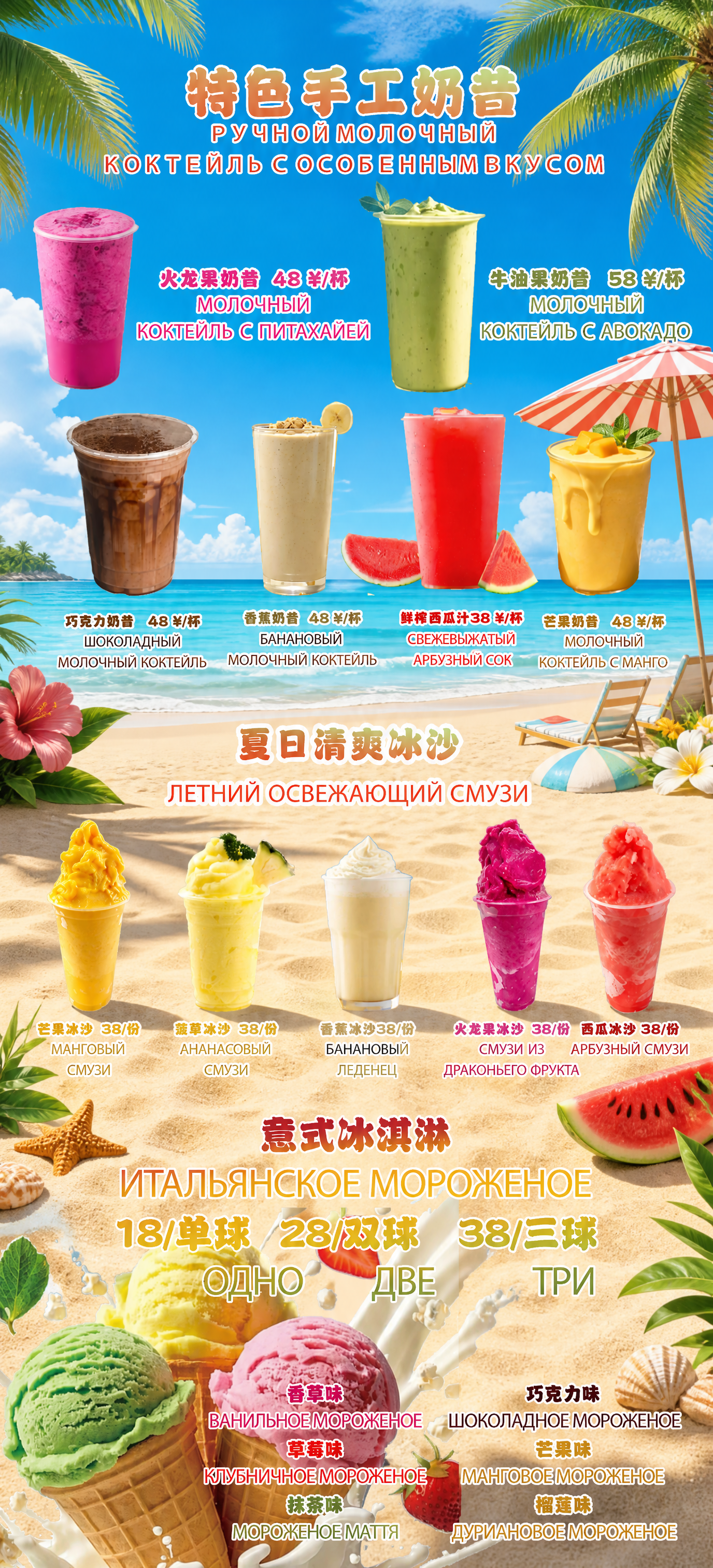 为这张奶昔冰沙冰淇淋菜单设计夏日海边风格背景，保留所有饮品、冰… - 图片创意预览
