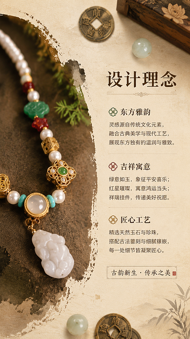 国风珠宝设计理念展示图，项链局部特写置于左侧，右侧为文字说明区，米黄色宣纸纹理背景，点缀古钱币和玉珠装饰，新中式雅致风格，暖棕色调，柔和光线，9比16竖版，高清画质