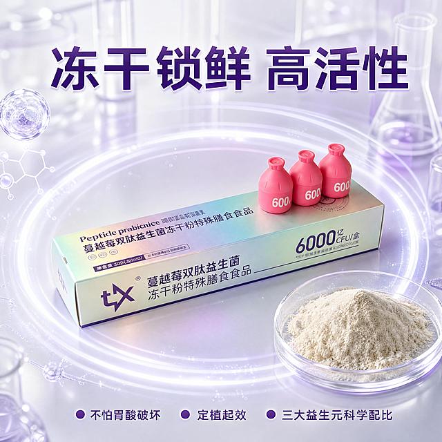 [主图-3] 工艺与技术展示，突出冻干锁鲜高活性。[氛围风格] 科技实验室感光感，干净专业；[画质] 商业摄影质感、光线柔和通透、产品清晰真实、画面干净高级。[元素] 产品包装盒放置在画面中心，周围用动态光晕线条表现冻干锁鲜技术，特写展示冻干粉末细腻蓬松的质感，背景搭配浅淡的实验室玻璃器皿虚化元素。保持产品外观（即物理结构、材质质感、颜色）与输入产品图绝对一致，杜绝任何变形和色差，精细化处理。商品主体占比严格控制在 60%-80% 之间，画面满屏无边框。[光影] 主光聚焦产品，周围浅紫色冷光光晕烘托科技感，明暗对比清晰，突出产品洁净和活性。[配色] 主色调浅银灰搭配淡紫，干净科技感，产品原色突出。[视角构图] 俯视微偏视角，中心突出产品，周围技术元素环绕，层次分明。[文字版式] 顶部大字主文案"冻干锁鲜 高活性"，紫色粗体；底部分三点小字标注："不怕胃酸破坏 定植起效 三大益生元科学配比"，每个卖点前加紫色圆点装饰，文字排版清晰，不遮挡产品主体。[比例分辨率] 1:1 比例，4k 分辨率；文字清晰锐利，画面超高清。[负向提示词] 变形，水印，文字错乱，产品图模糊，背景杂乱，绝对化违禁用词，疾病治疗宣传。