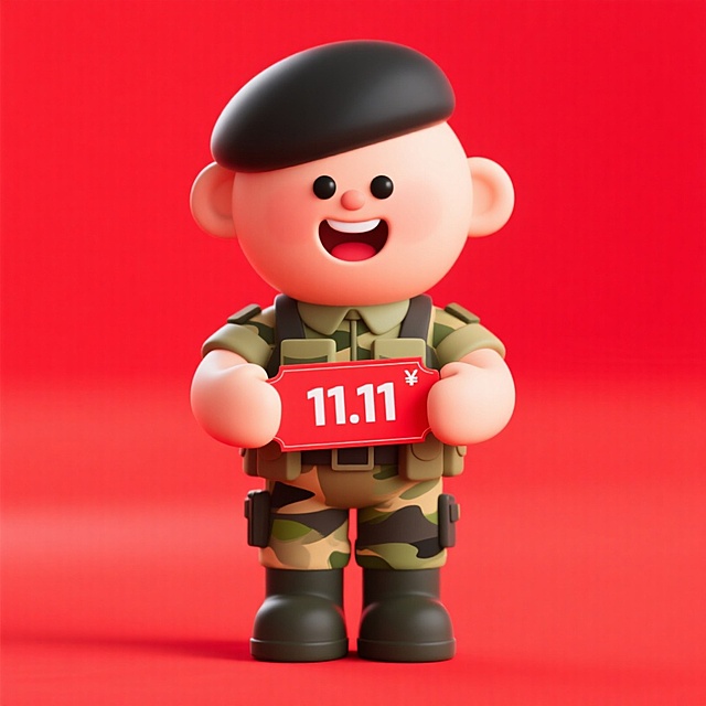 一个士兵手里拿着一张“11.11”红色促销券，红色活力背景，一身特种兵装扮、黑色豆豆眼、大笑的嘴巴、表情炯炯有神的半身卡通人物