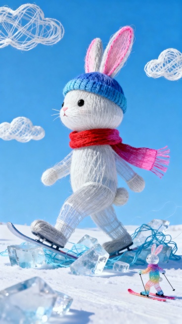 兔朱迪，走在冰块上，带着一顶蓝色帽子和红色微博地面上有小人在雪地上滑雪，蓝天背景，动感，画面具有故事感预览效果