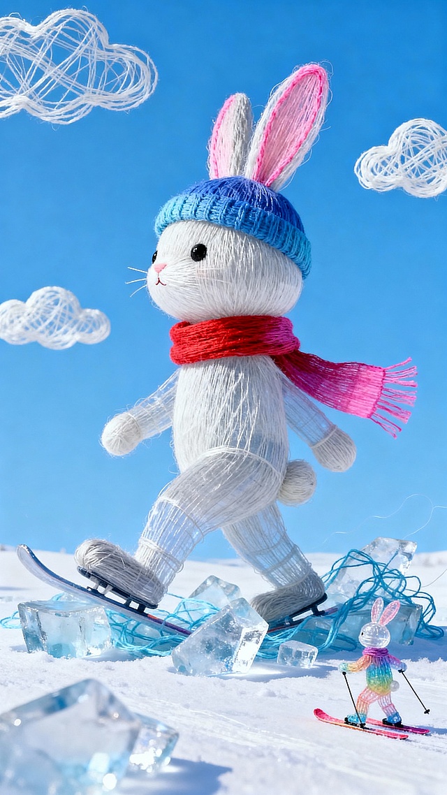 兔朱迪，走在冰块上，带着一顶蓝色帽子和红色微博地面上有小人在雪地上滑雪，蓝天背景，动感，画面具有故事感