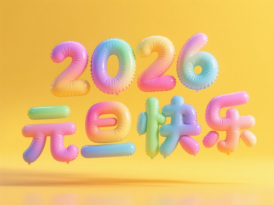 “2026 元旦快乐” 立体字，悬浮在半空中，每个字为彩色渐变效果，充气膨胀的布料质感，圆润造型，黄色背景预览效果