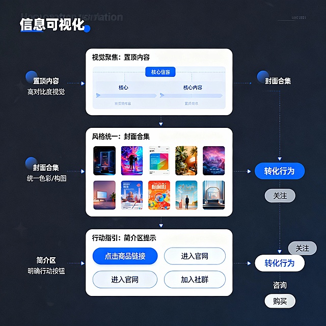图2-3-3：账号首页用户体验与转化路径设计模型
（配图描述：示意图描绘用户从“进入首页”到“完成转化”的典型路径。视觉焦点首先被“置顶内容”捕获，随后沿“风格统一的封面合集”浏览，在“简介区的明确指引”或“内容中的行动提示”驱动下，点击“商品链接”、“官网”或“社群入口”，最终实现“关注”、“咨询”或“购买”等目标行为。路径关键节点标有设计要点提示。