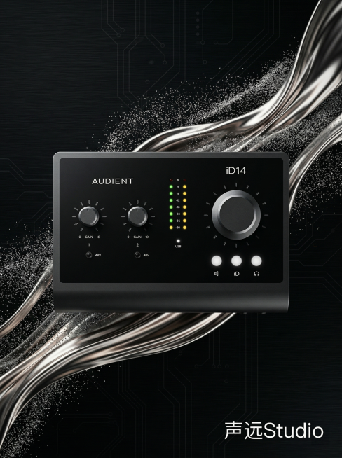 [主图1] Audient iD14 MKII声卡首图，黑色科技感背景，流动金属光效，银色粒子光影，声卡居中放置，主体占比60%，外观和原图完全一致，冷白色柔光打光凸显金属机身质感，右下角悬浮白色无衬预览效果