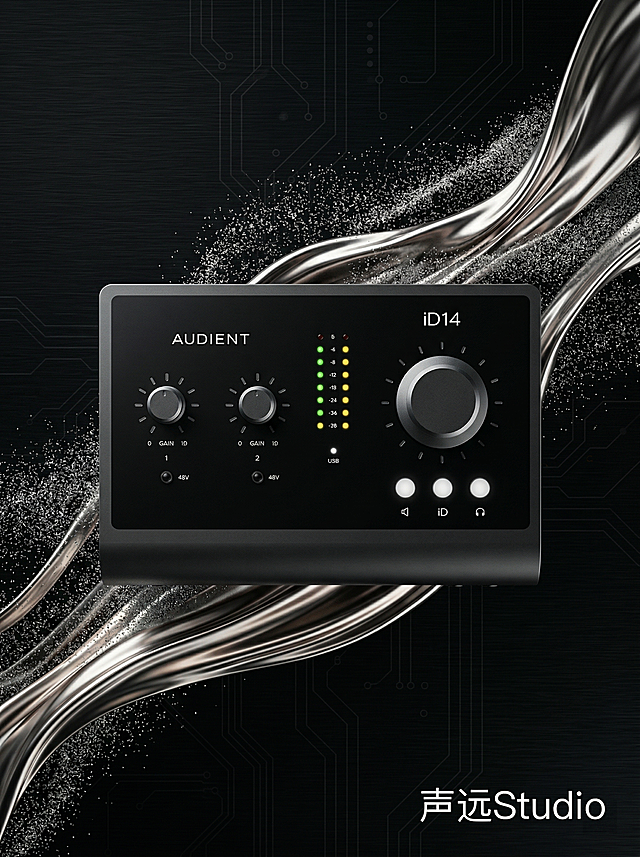 [主图1] Audient iD14 MKII声卡首图，黑色科技感背景，流动金属光效，银色粒子光影，声卡居中放置，主体占比60%，外观和原图完全一致，冷白色柔光打光凸显金属机身质感，右下角悬浮白色无衬线字体文字"声远Studio"，风格为高端数码产品摄影，高清写实，无其他多余文案