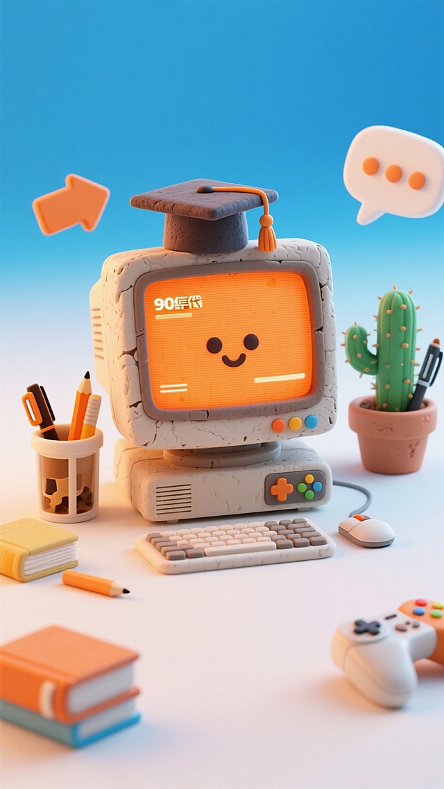 平视视角，正视图，（创意构成元素组合微缩场景：90年代复古显示器上放着一个学士帽，橙色屏幕上有一个俏皮的表情；显示器放一个游戏主机上，前方有键盘、鼠标、游戏手柄；两侧放置奶茶、盆栽仙人掌；笔筒里放着铅笔、钢笔；整体橙色白色撞色配色；课本悬浮周围，箭头、气泡框；潮流撞色，蓝色白色浅色渐变的背景