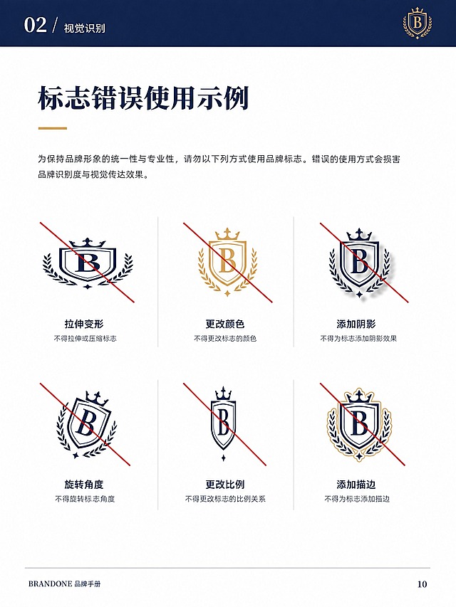 品牌手册内页设计，竖版A4比例，专业权威风格，白色背景。页面顶部有藏蓝色页眉条，左侧标注"02 / 视觉识别"，右侧有小型徽章LOGO。主标题"标志错误使用示例"，藏蓝色大号字体，下方有金色短横线装饰。页面展示六个错误使用示例，呈两行三列排列，每个示例中有一个被红色斜杠划掉的错误LOGO用法，包括：拉伸变形、更改颜色、添加阴影、旋转角度、更改比例、添加描边。每个示例下方有简短说明。页面底部有页脚，左侧是品牌名，右侧页码"10"。版式精美，排版专业规范，留白充足