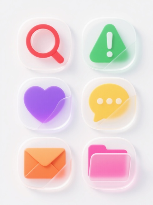一组六个完全不同造型的UI元素图标，以规整的2x3网格排布在纯白色纯色背景上，每个图标采用半透明玻璃拟态风格，具有清晰的白色高光边缘和圆润的几何形态，保持统一的光影效果和立体感；元素内容分别为：红色填充的放大镜图标、绿色填充的感叹号警告标志图标、黄色填充的对话气泡图标、紫色填充的心形图标、橙色填充的信封图标、粉色填充的文件夹图标，整体视觉简洁明快，符合现代UI设计的信息传达效率和视觉层级要求。预览效果