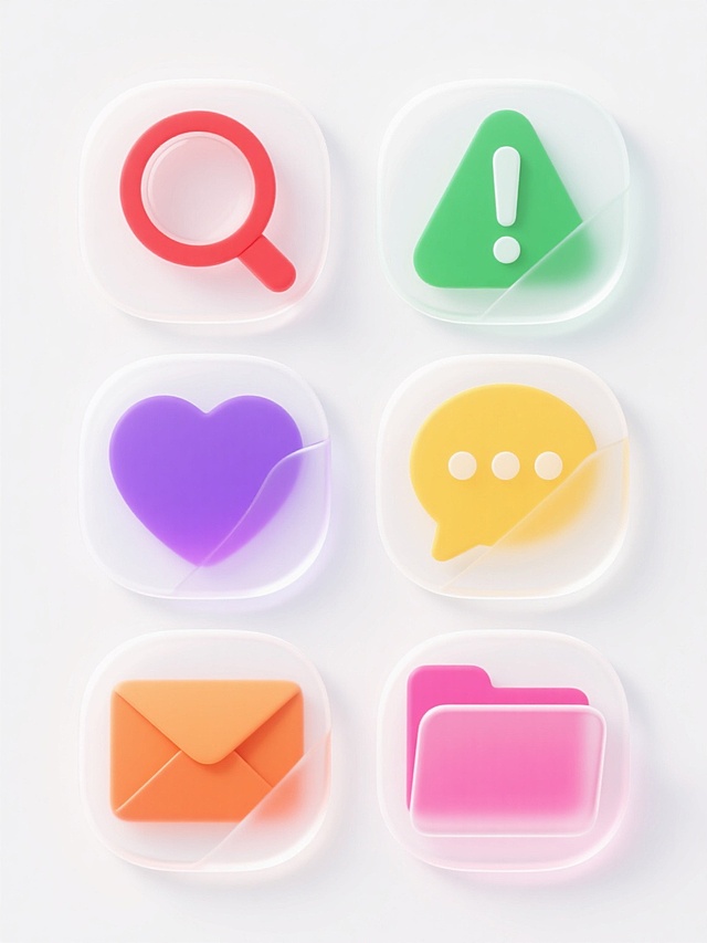 一组六个完全不同造型的UI元素图标，以规整的2x3网格排布在纯白色纯色背景上，每个图标采用半透明玻璃拟态风格，具有清晰的白色高光边缘和圆润的几何形态，保持统一的光影效果和立体感；元素内容分别为：红色填充的放大镜图标、绿色填充的感叹号警告标志图标、黄色填充的对话气泡图标、紫色填充的心形图标、橙色填充的信封图标、粉色填充的文件夹图标，整体视觉简洁明快，符合现代UI设计的信息传达效率和视觉层级要求。