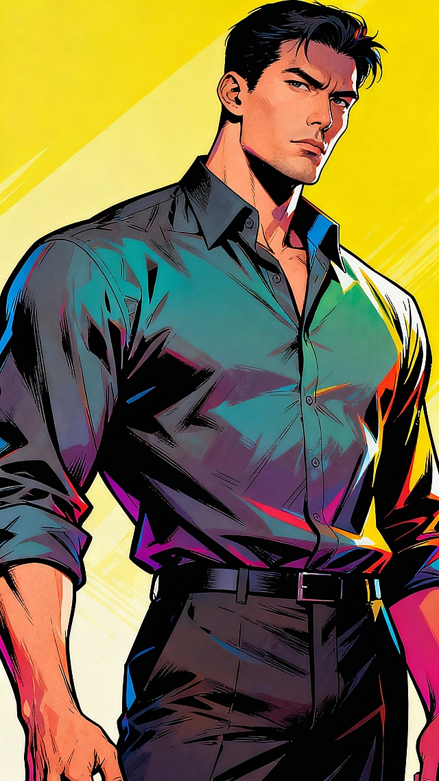 彩色漫画，三十出头的男人，185的身高，肩膀厚实，穿着一件质感挺括的衬衫，西裤笔挺。他面容是那种刀削斧凿般的刚毅，眉骨高，鼻梁挺，薄唇，下颌线转斩锐利，不笑的时候，浑身散发着“生人勿近”和“我很严肃”的气场。不认识他的人初见，十个里有八个会下意识地挺直腰板，剩下两个大概想悄悄溜边儿走。