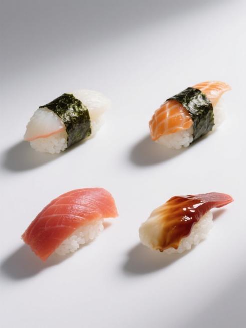 一组4个不同日料寿司元素的系列素材集合，保持高分辨率商业美食摄影风格，纯白纯色背景，明亮均匀的顶光照明，突出食材的细腻纹理和诱人光泽，每个寿司元素都具有清晰的轮廓和丰富的细节，色彩鲜艳自然，主色调为米饭的白色、海苔的深绿色、鱼肉的橙红色和酱料的棕红色，4个元素呈规整的2x2网格排布，彼此间距均匀，构图平衡对称，每个寿司元素都是完全不同的种类，包括但不限于握寿司、手卷、军舰卷、散寿司等，保持统一……预览效果
