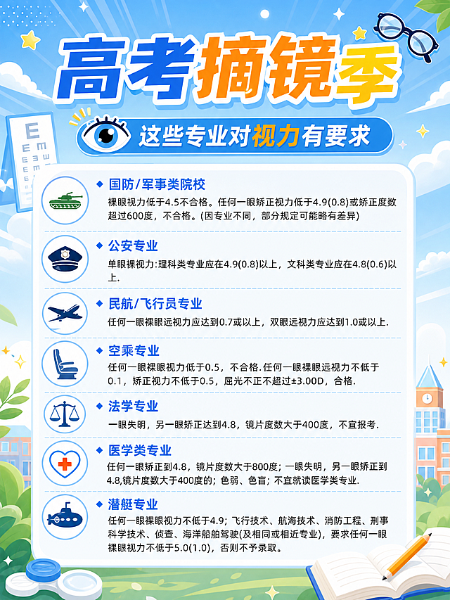 重新设计这张高考摘镜季科普海报，整体风格更青春活力，增加护眼相关小装饰元素，保持全部原有文字内容和信息完整，排版更透气清晰