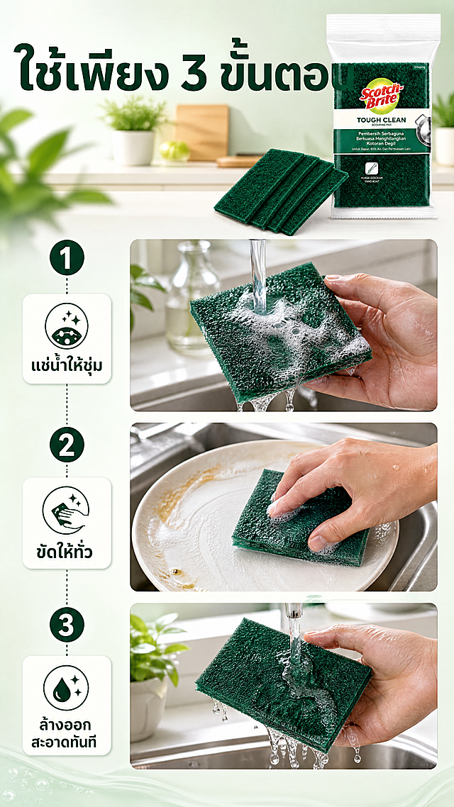 [商品] 使用【图1】绿色 Scotch-Brite TOUGH CLEAN 百洁布 5 片装；保留结构、配色与包装文字原样，不翻译、不替换、不改写；商品处理：逐一呈现沾水起泡、擦洗碗碟、冲水洁净三个状态，同一片百洁布外观保持一致，水珠、泡沫与接触阴影真实自然。
[画面] 页面目标：三步使用流程演示；左右三栏或上下三步竖排步骤条，每步配一张真实动作小图（沾水起泡 → 擦洗碗碟 → 冲水如新），虚线步骤条与圆形编号徽章串联；产品在上述步骤中真实出现并清晰，整体占画面约 55%；阅读动线由上至下沿步骤推进；景别为中景与局部特写交替；背景为浅薄荷与米白渐变的厨房台面。
[视觉] 套系策略：风格=跨境清洁日用清新商业摄影，真实客观、极简、少装饰；标题字=泰语粗黑无衬线体；正文字=泰语常规无衬线体；主色=深绿；背景延展=基于深绿与浅薄荷白做同色深浅渐变、明暗层级、清水与皂泡细腻质感；强调色=明黄绿，仅用于小面积图标、引线、标签、局部光效；标题色=深墨绿；正文色=中性深灰；组件=圆角浅底信息卡、细线引线、圆形编号徽章、虚线步骤条；光影=明亮均匀的厨房顶部柔光加微弱前侧补光。
[文字] 顶部泰语主标题 "ใช้เพียง 3 ขั้นตอน"，三步分别短说明 "แช่น้ำให้ชุ่ม"、"ขัดให้ทั่ว"、"ล้างออก สะอาดทันที"；全部文字横向排版，禁止竖排、旋转、斜排，不遮挡产品与动作。
[规格] 9:16 竖版，4K，负向提示：避免步骤顺序错乱、泡沫不自然、变形、错字、水印、价格信息、绝对化用语、冷灰白单调背景、产品颜色改变。