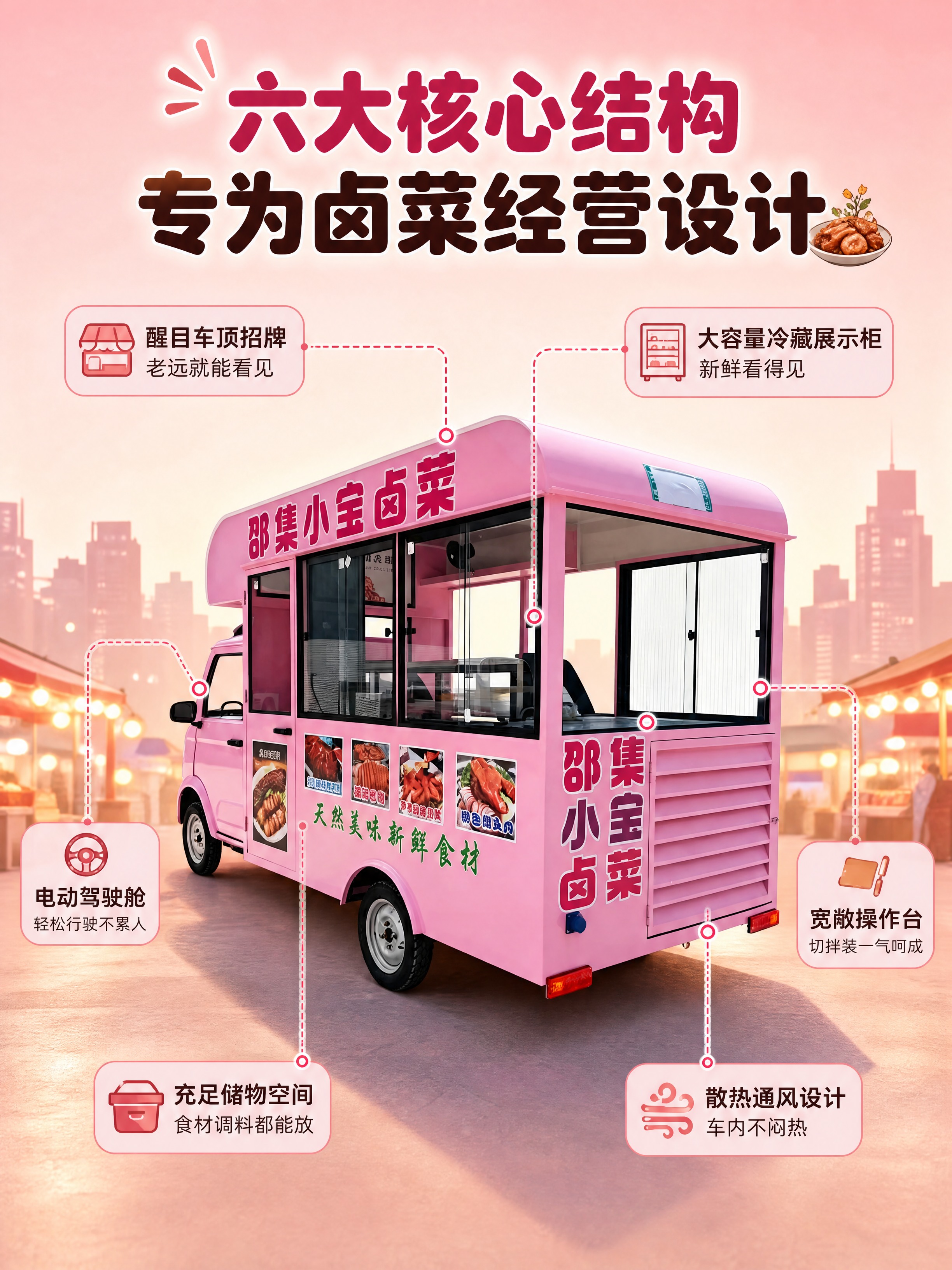 [商品] 使用【图2】粉色电动四轮卤菜餐车右后45°视角；保留… - 图片创意预览