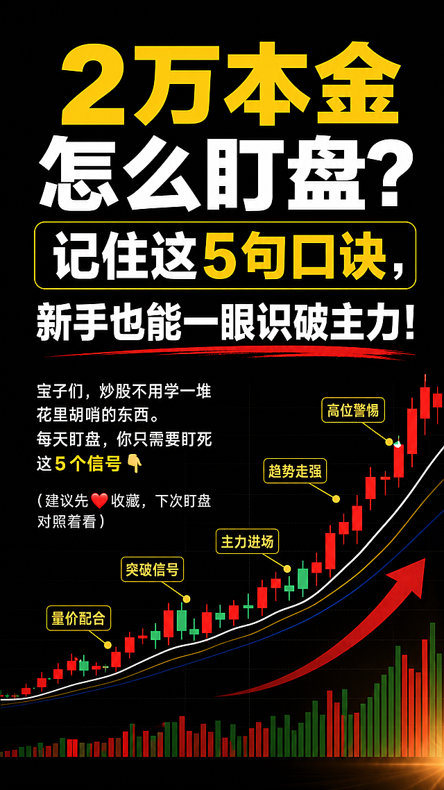 小红书金融股票笔记封面，竖屏，简洁直观，黑色背景，顶部醒目标题文字"2万本金怎么盯盘？记住这5句口诀，新手也能一眼识破主力！"，下方小字正文"宝子们，炒股不用学一堆花里胡哨的东西。每天盯盘，你只需要盯死这5个信号👇 （建议先❤️收藏，下次盯盘对照着看）"，搭配股票K线元素，金融投资理财风格，清晰易读