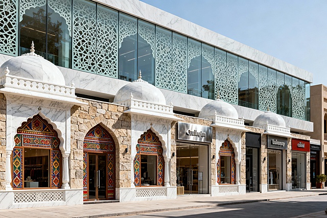 生成一个具有印度传统建筑风格的风情体验商业街区的街景图，稍微现代化一点，不要印度人，通过现代形式与材料打造印度风格建筑街区，均为一二层建筑。二层玻璃幕墙上要增加印度传统建筑元素，不要全是玻璃幕墙