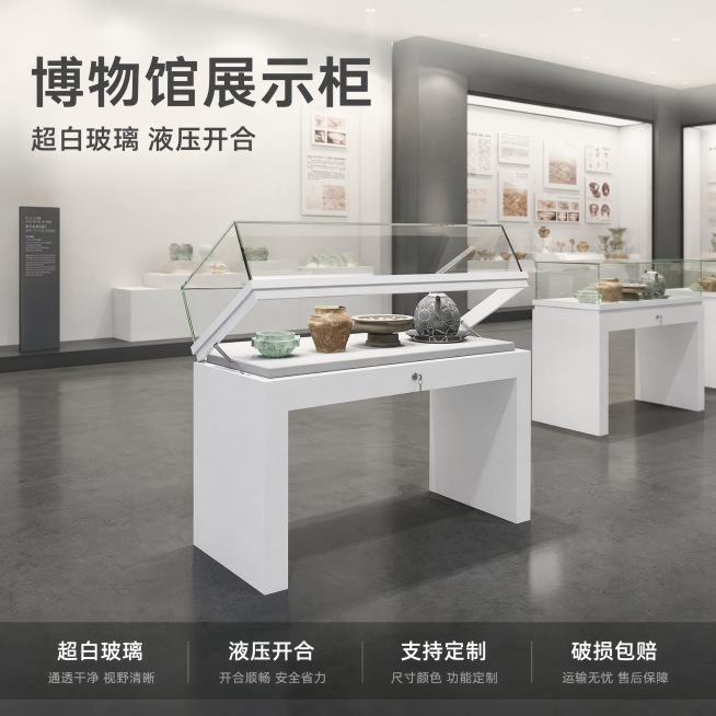 [主图-1] 博物馆展示柜全景场景氛围首图。简约现代专业展馆风格，沉稳大气高级感。商业摄影质感，光线柔和通透，产品清晰真实，画面干净高级。白色博物馆展示柜居中放置，超白玻璃展示面通透干净，展示柜斜开盖预览效果