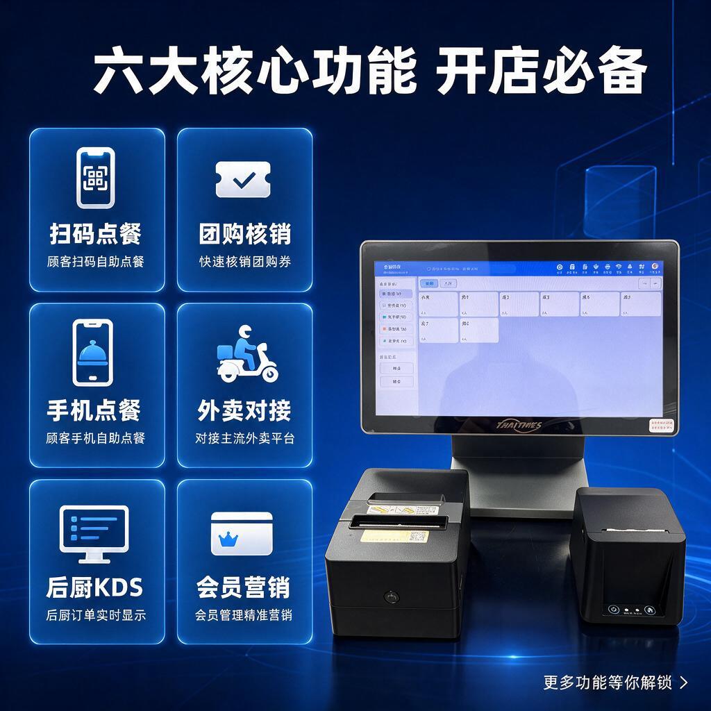 将图一（六大核心功能主图）中的收银机和打印机，替换为图二中的收… - 图片创意预览