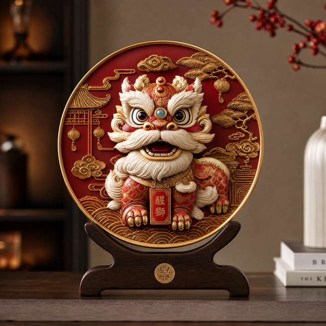 现代轻奢广东醒狮家居摆件设计，新中式岭南非遗文化，极简线条，鎏金搭配朱砂红配色，陶瓷或木质材质，表面雕刻浮雕醒狮纹样，呈现祥瑞国风风格，拥有高级质感，放置于桌面作为家居装饰，营造强烈中式氛围感，整体设预览效果