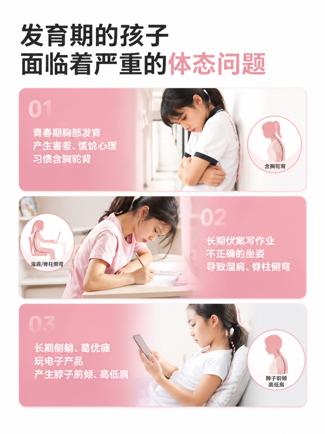 重新设计一张海报，展示发育期孩子面临的三种体态问题：1.青春期… - 图片创意预览