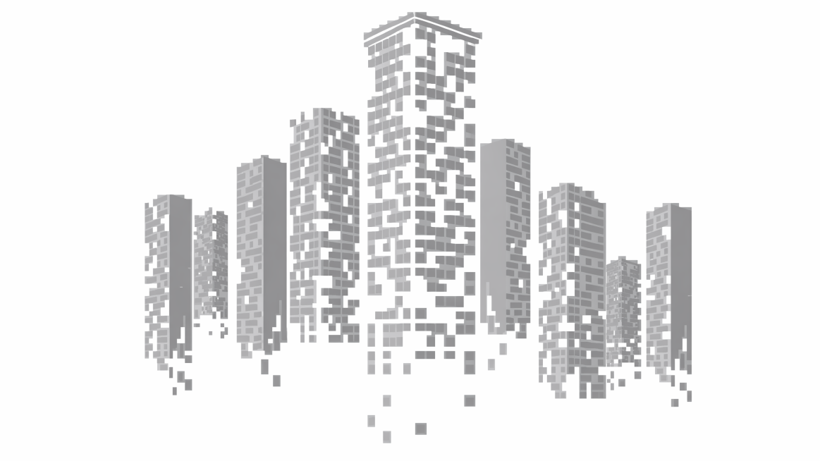 参考图片风格，将城市建筑像素插画的色系改为灰色系，保留整体构图和设计不变预览效果