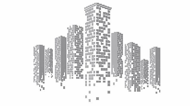 参考图片风格，将城市建筑像素插画的色系改为灰色系，保留整体构图和设计不变