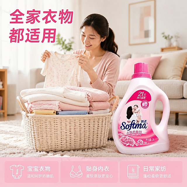 [主图-4] 妙柔衣物柔顺剂家庭适用场景展示主图。氛围风格为温馨亲切家庭生活氛围，突出多场景适配。画质要求商业摄影质感、光线柔和通透、产品清晰真实、画面干净高级。妙柔柔顺剂放置在客厅洗衣篮旁，洗衣篮内叠放着刚柔顺好的干净衣物，旁边有一位宝妈正在整理宝宝衣物，营造亲子温馨使用场景。保持柔顺剂产品外观与输入产品图绝对一致，杜绝任何变形和色差，精细化处理。商品主体占比约60%，场景自然不抢主体。室内自然光，光线柔和均匀，整体氛围温暖舒适，光影层次自然。浅暖家居色调，粉色产品与温馨环境融合，整体舒适温馨。平视生活场景构图，产品放置在前景右侧，左侧为人物整理衣物场景，前后景层次分明。左上角标题"全家衣物都适用"，深粉色粗体；底部信息框分三列说明：「宝宝衣物」「贴身内衣」「日常家纺」，白色文字浅粉色底，清晰易读，不遮挡核心场景与产品。1:1比例，2048px*2048px分辨率，文字清晰锐利，超高清画质。负向提示词：变形，文字错乱，产品图模糊，背景杂乱，水印，电商平台Logo