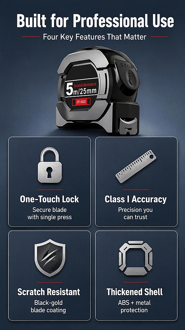 [第2张] 亚马逊跨境电商详情页核心卖点总览 - Heavy Duty Self-Locking Tape Measure 四大核心优势四宫格展示。本张使用【图1】作为商品主体参考，保持产品外观结构一致。
[氛围/风格] 工业专业风，中灰蓝渐变背景，信息卡片式排版，简洁有力，商业摄影质感。
[元素布局] 画面顶部约20%为标题区；中部主体为2x2四宫格布局，每格一个卖点，共四个卖点卡片；四宫格上方中央放置缩小版卷尺产品图(占比约20%)作为视觉锚点；背景为中灰蓝(#2C3E50)到浅灰蓝(#34495E)的线性渐变；每个卖点卡片有细微圆角和浅边框，卡片内有对应图标+标题+简短描述；整体层次：背景渐变→四宫格卡片→中央产品→顶部标题。
[光影质感] 整体柔光均匀照明，卡片有轻微投影增加层次感，中央产品图保持金属高光质感，光线从上方均匀打下，阴影柔和自然。
[配色色系] 全局底色中灰蓝渐变#2C3E50→#34495E；卡片底色深灰蓝#1A2332带80%透明度；主色白色文字+银灰图标；辅助色红色强调关键词；点缀色橙金色。
[视角构图] 正面平视，对称式构图，四宫格均衡分布，中央产品为视觉中心；阅读动线：顶部标题→中央产品→四宫格卖点(左上→右上→左下→右下)。
[文字版式] 全英文文案。顶部主标题"Built for Professional Use"，副标题"Four Key Features That Matter"；左上格：图标(锁)+标题"One-Touch Lock"+描述"Secure blade with single press"；右上格：图标(标尺)+标题"Class I Accuracy"+描述"Precision you can trust"；左下格：图标(盾牌)+标题"Scratch Resistant"+描述"Black-gold blade coating"；右下格：图标(外壳)+标题"Thickened Shell"+描述"ABS + metal protection"；所有文字白色无衬线字体，标题加粗，描述常规字重，清晰可读不拥挤。
[比例分辨率] 9:16竖版比例，4K分辨率，文字清晰锐利，高清画质。
[负向提示词] 产品变形，中文字符，水印，文字错乱，文字过小，卡片变形，颜色偏差，背景杂乱，画质模糊。