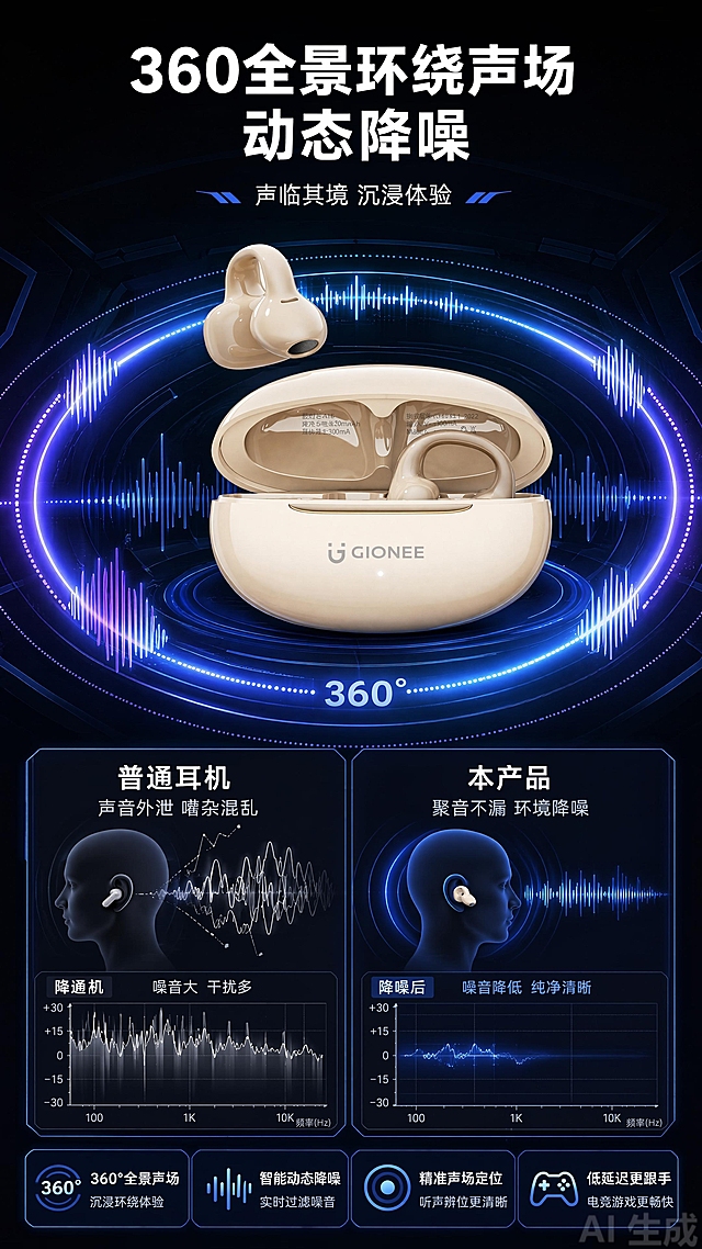 [第6屏] 音频性能实测-360全景环绕声场降噪效果展示，科技电竞风。本屏使用【图1】产品。
[氛围/风格] 声学科技可视化，深色背景，声波发光可视化，专业科技质感。
[元素布局] 顶部大标题，中部产品居中，周围围绕360°环形发光声波线，展示环绕声场效果，产品结构颜色和原图一致。下方分两栏展示降噪前后对比示意图。
[光影质感] 环形声波带渐变蓝色发光效果，产品居中高亮，背景深色，光影对比突出环绕效果。
[配色色系] 背景#111120，声波蓝紫渐变发光，产品保持原色，文字白色。
[视角构图] 中心产品，上标题，中环绕声波，下对比栏，竖向排版。
[文字版式] 顶部主标题"360全景环绕声场 动态降噪"，下方对比标注：左"普通耳机 声音外泄 嘈杂混乱"，右"本产品 聚音不漏 环境降噪"，文字清晰，排版分明。
[比例分辨率] 9:16竖版比例，宽度1080，高度1920，4K分辨率，高清画质。
[负向提示词] 产品变形，声波图案错乱，文字模糊，颜色偏差，水印。