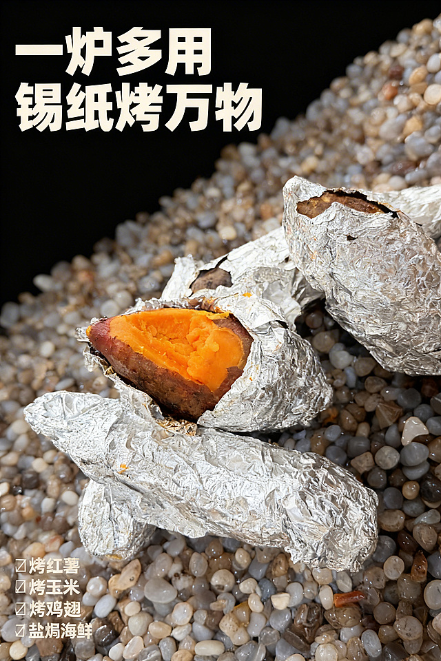 [主图 4] 多功能应用展示：锡纸烤物
[氛围/风格]真实诱人食欲，暖调氛围感，高端养生调性
[画面元素]特写展示烤好的蜜薯用锡纸包裹放在玛瑙石颗粒上，已经掰开露出流油的橙黄色内瓤，突出产品除炖汤外还能焗烤万物的多功能属性，产品细节保持原图一致，暖光突出食物诱人质感
[配色色系]主色调：蜜薯橙黄、锡纸银，辅助色：玛瑙灰、背景深黑
[视角构图]特写倾斜构图，主体占据画面中心，焦点清晰
[文字版式]主标题“一炉多用 锡纸烤万物”，加粗无衬线米白色，位于画面左上角；四个功能小点悬浮在左下角：“▫烤红薯 ▫烤玉米 ▫烤鸡翅 ▫盐焗海鲜”，浅色小字，不遮挡食物主体
[比例分辨率]2:3比例，2k分辨率