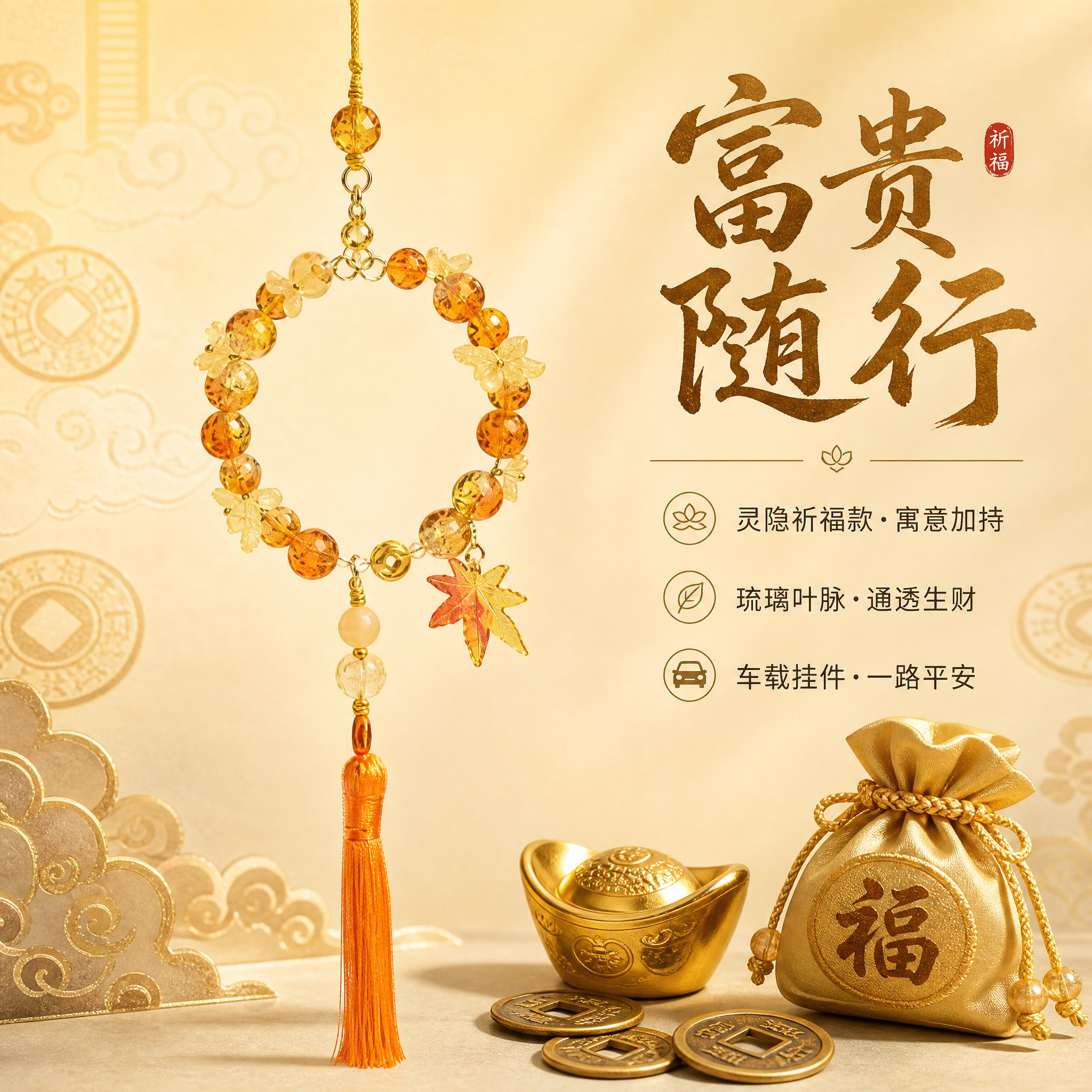 [主图-2] 富贵随行卖点图，展示琉璃车挂的富贵寓意与核心卖点… - 图片创意预览