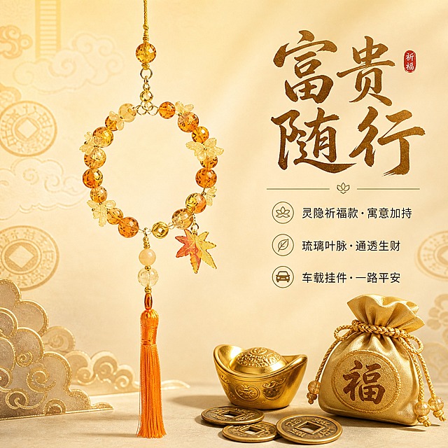 [主图-2] 富贵随行卖点图，展示琉璃车挂的富贵寓意与核心卖点。
[统一基调] 新中式国风视觉，暖金+琉璃绿+米白为主色调，标题用书法感宋体字，主标题字色深金棕色，卖点文字用细黑体，整体雅致喜庆不土豪，画面干净有呼吸感。
[画面] 一叶暴富琉璃车挂位于画面中央偏左位置，占画面约50%，呈自然悬挂状态。背景为浅米金色底，带有淡淡的金色祥云纹暗纹和铜钱暗纹，纹理低调不抢眼。车挂右侧和下方搭配寓意元素摆件：一枚小金元宝、几枚古铜钱、一个小福袋，均为插画风格或精致小实物摆件，错落有致地摆放，与车挂形成呼应。琉璃叶片通透有光泽，珠串圆润饱满。
[光影质感] 商业静物摄影质感，柔和顶光+侧光，琉璃叶片有通透的内部光感，金属配件有温润的金色反光，元宝铜钱有金属光泽，整体光影均匀柔和，阴影浅淡自然。
[配色] 主色浅米金背景，暖金色祥云暗纹，琉璃叶琥珀金+枫叶橙，珠串金棕+米黄，元宝福袋为金色系，文字深金棕色。
[文字版式] 主标题位于画面右上方，书法宋体大字：富贵随行，字色深金棕色。主标题下方竖排或横排罗列三条卖点小字，细黑体：灵隐祈福款·寓意加持，琉璃叶脉·通透生财，车载挂件·一路平安。卖点文字用小图标或短线引导，排列整齐，不遮挡主体。
[输出要求] 1:1正方形，1440x1440像素，2K高清，文字清晰锐利，产品细节清晰。负向：变形、错字、模糊、杂乱、水印、平台Logo、廉价感、粗描边字、过度堆砌元素、土豪金刺眼。