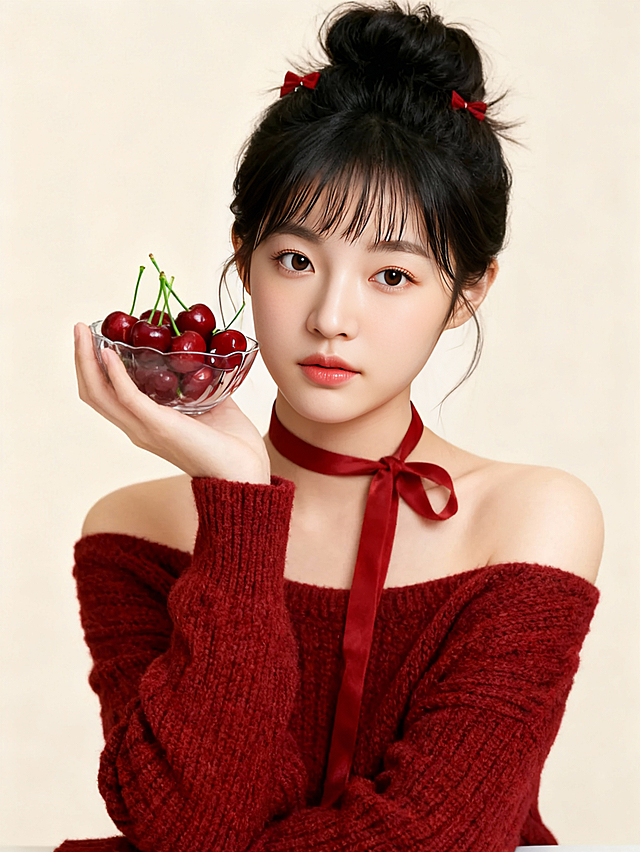 甜美元气少女手持樱桃，红毛衣与蝴蝶结点缀，轻拟物风结合东亚美学，柔和色调营造清新时尚感。