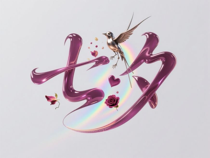 “七夕”为液态金属质感，字形随背景音乐波动变形，紫红磁流体中浮现金属喜鹊骨架与玫瑰残瓣，爱心粒子碰撞时迸发彩虹光晕，纯色背景，颜色干净预览效果