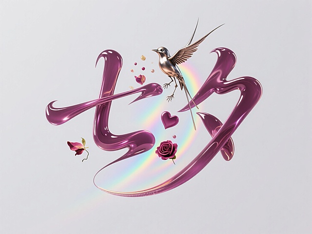 梦幻3D大字风设计，液态质感融合浪漫元素，彩虹与飞鸟点缀，营造七夕浪漫氛围。
