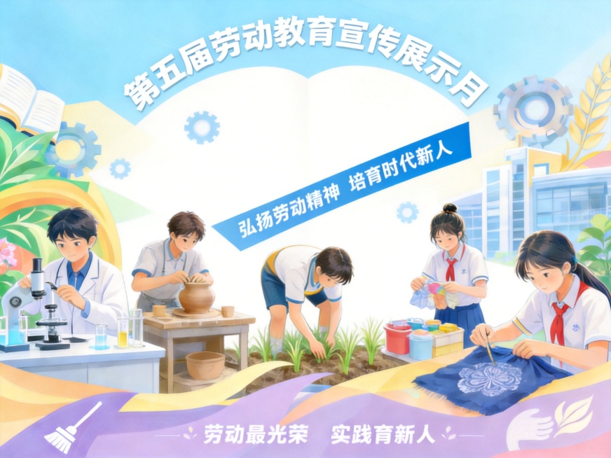 保持第五届劳动教育宣传展示月主题和插画风格，重新调整排版布局，让画面结构更新颖预览效果