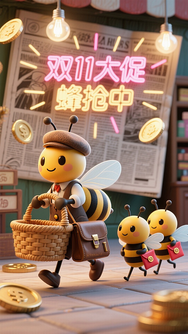 复古手绘报纸质感，带着复古贝雷帽的蜜蜂（身着老式百货店员服装）提着藤编购物篮迈步，3 只小蜜蜂抱着复古邮差包（包上露出红包角）跟随，背景用线条感的复古金币、手绘射线装饰，画面下方是老式灯泡点缀的复古霓虹灯字 “双 11 大促 蜂抢中”。